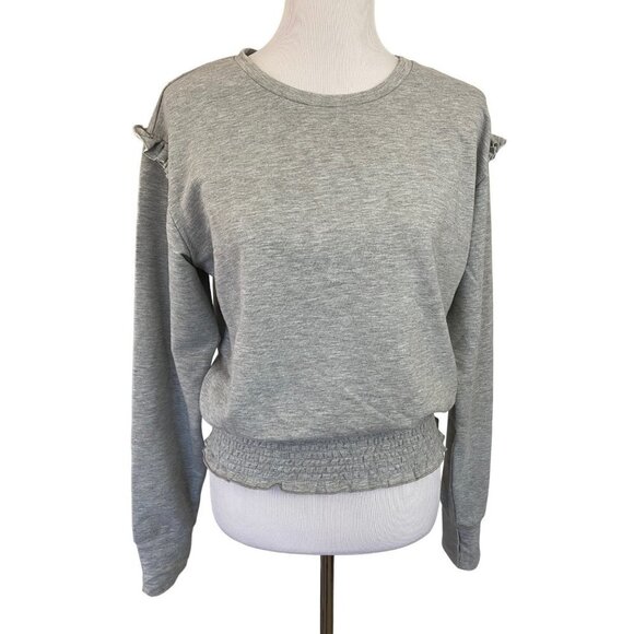 Jessica Simpson Active Gray Heather Ruffle Smocked Waist Crop Sweatshirt Large - Picture 1 of 9